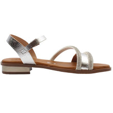 Load image into Gallery viewer, Silver sandal with brown sole on a white background
