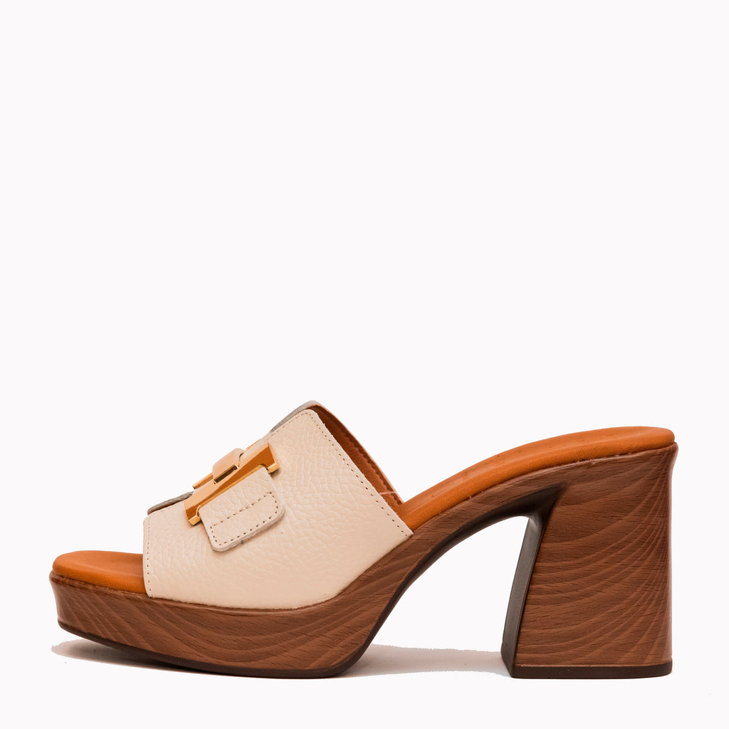 Beige sandal with wooden heel and strap on a white background