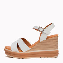 Load image into Gallery viewer, Wedge sandal with white straps and tan wedge on a white background
