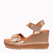 Load image into Gallery viewer, Gold wedge sandal with a platform sole on a white background
