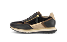 Load image into Gallery viewer, Black and beige sneaker with a gold zipper on a white background
