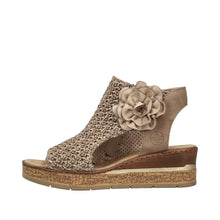 Load image into Gallery viewer, Beige wedge sandal with a floral design on a white background
