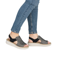 Load image into Gallery viewer, Rieker Black Wide Fit Woven Wedge Sandal||6927600
