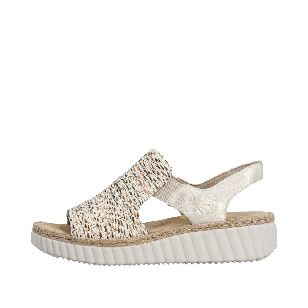 Beige sandal with woven strap on a white background