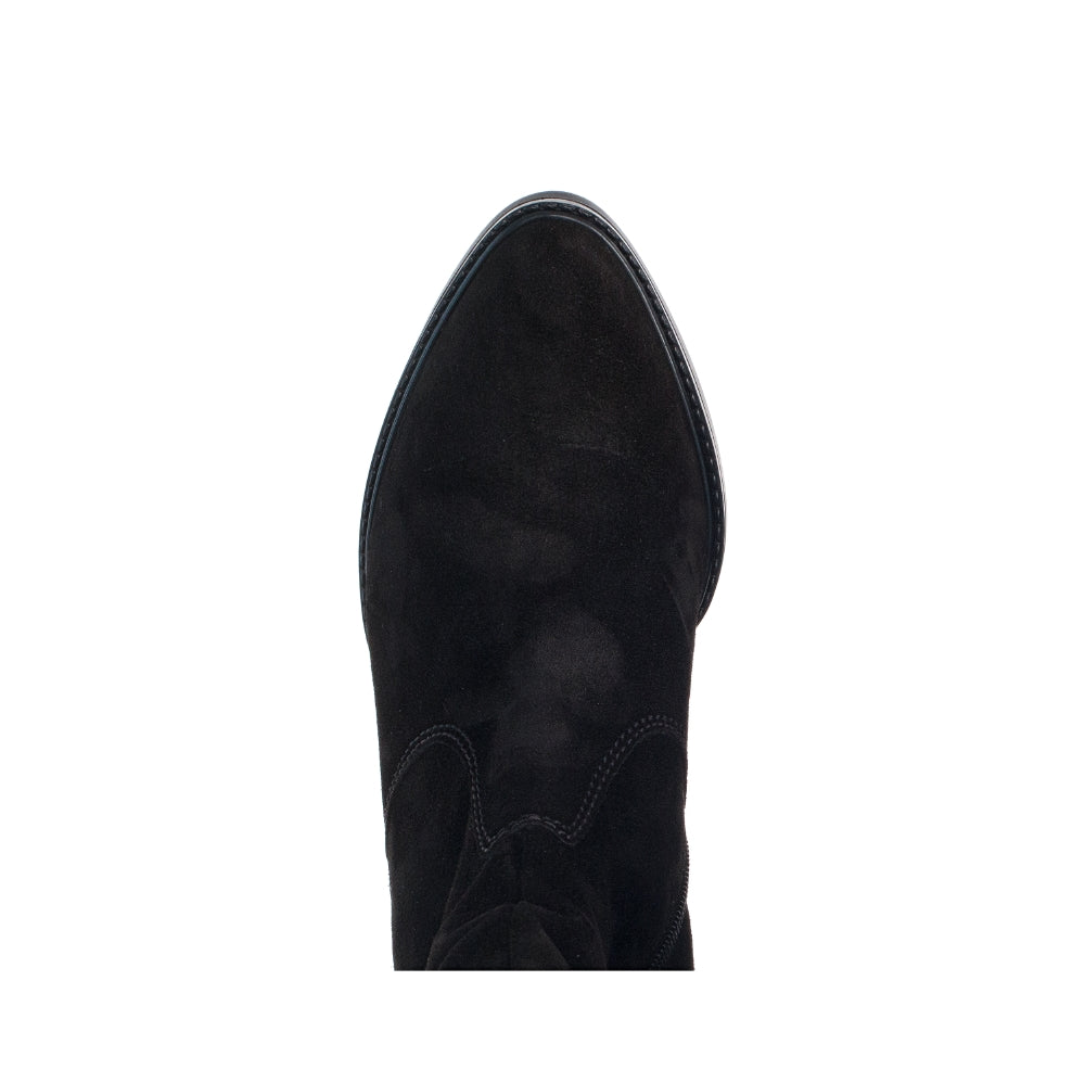 Black suede boot on a white background