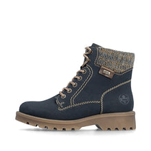 Load image into Gallery viewer, Navy blue boot with brown sole on a white background
