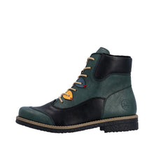 Load image into Gallery viewer, Green and black leather boot with colorful accents on a white background
