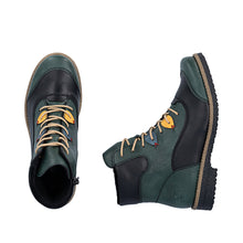 Load image into Gallery viewer, Pair of green and black boots with tan laces on a white background

