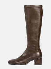 Load image into Gallery viewer, A dark brown leather knee-high boot with a low block heel and square toe, shown in profile against a light gray background.
