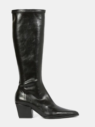 A single black leather knee-high boot with a pointed toe and a chunky block heel, shown in profile against a light gray background.