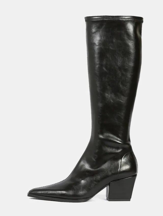 A single black leather knee-high boot with a pointed toe and a chunky block heel, shown in profile against a light gray background.