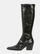 Load image into Gallery viewer, A single black leather knee-high boot with a pointed toe and a chunky block heel, shown in profile against a light gray background.
