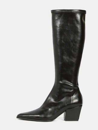 A single black leather knee-high boot with a pointed toe and a chunky block heel, shown in profile against a light gray background.