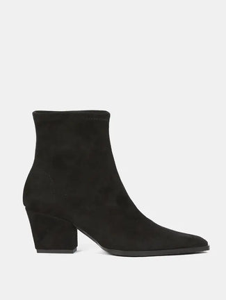 A single black suede ankle boot with a low block heel and pointed toe, shown in profile against a light gray background.