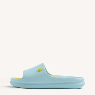 Light blue slide sandal with a yellow logo on a white background