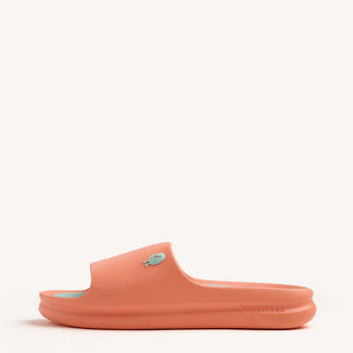 Coral sandal with a brand logo on a white background