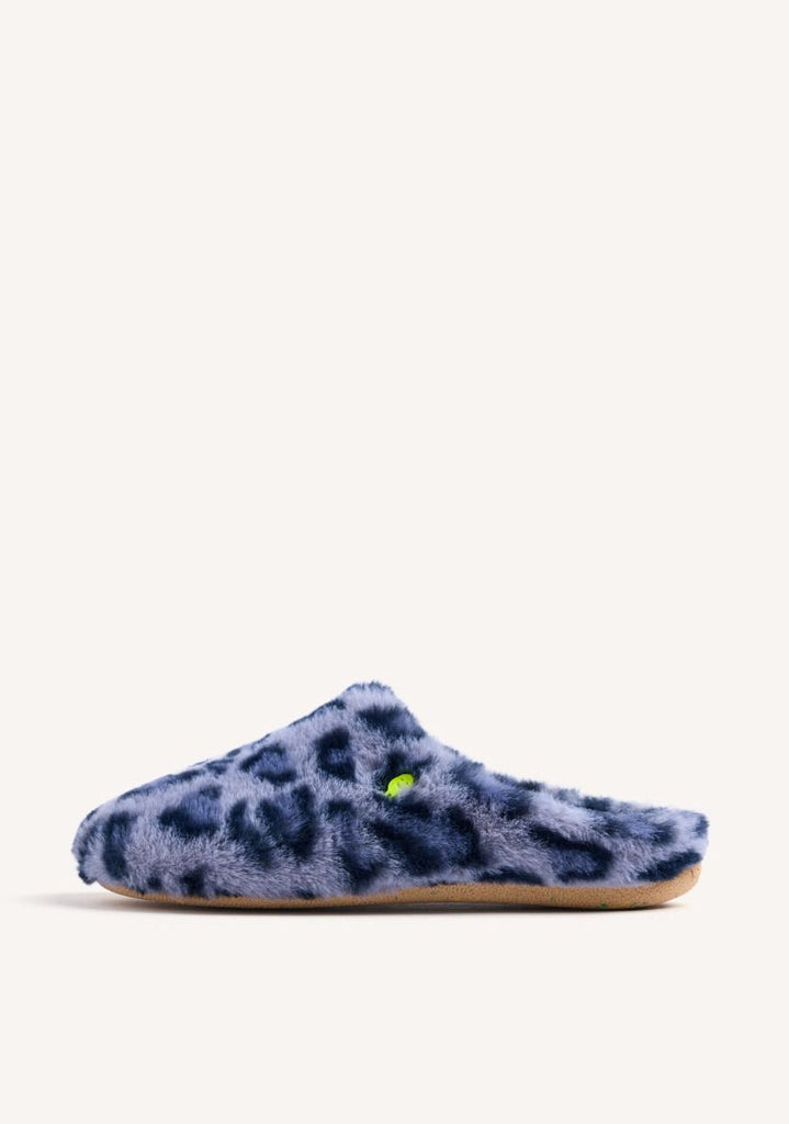 Blue leopard print slipper on a white background
