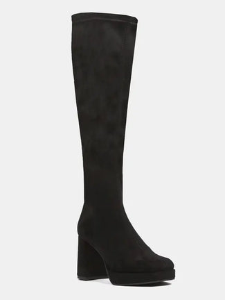A single black suede knee-high boot with a chunky block heel and rounded toe, shown in profile against a light gray background.