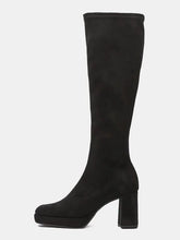 Load image into Gallery viewer, A single black suede knee-high boot with a chunky block heel and rounded toe, shown in profile against a light gray background.

