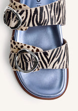 Load image into Gallery viewer, Metallic sandal with zebra and leopard print straps on a white background
