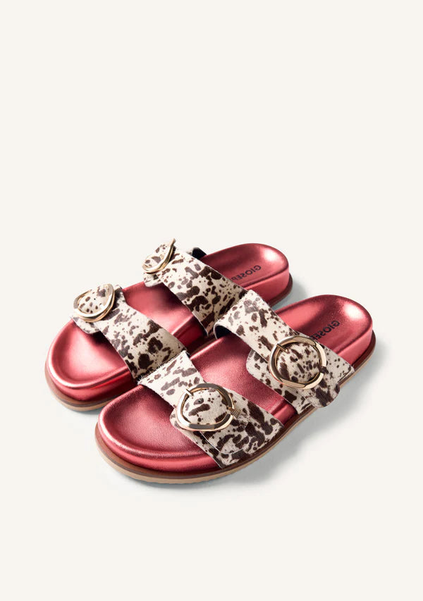 Red slides with leopard print straps on a white background
