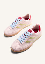 Load image into Gallery viewer, Pink sneakers with light blue laces on a white background
