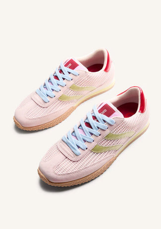 Pink sneaker with red accents on a white background