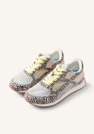 Pair of animal print sneakers with light-colored accents on a white background
