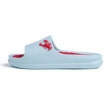 Load image into Gallery viewer, Light blue slide sandal with red interior and crab design on a white background
