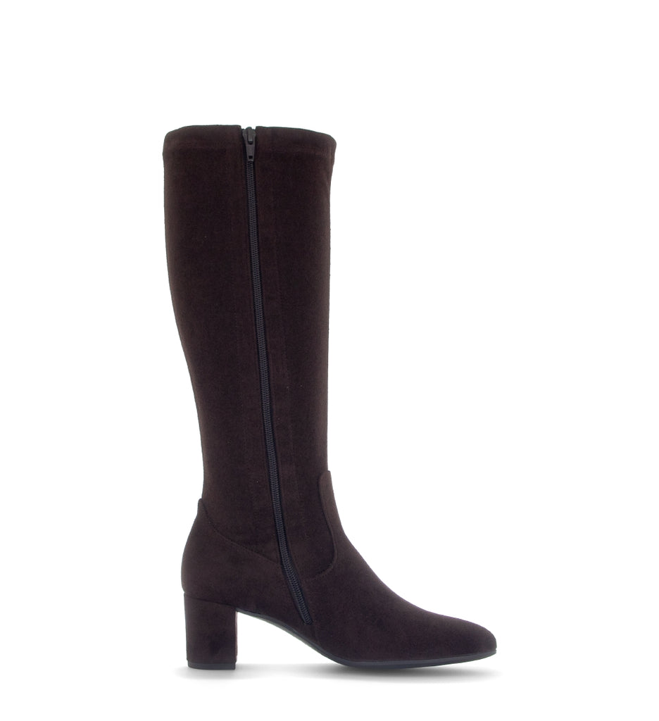 Dark brown knee-high boot with a zipper on a white background