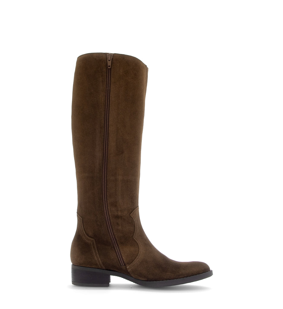 Brown knee-high boot on a white background