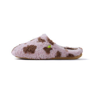 A single fluffy slip-on mule slipper in pale pink with irregular brown patches, shown in side profile on a clean white background.