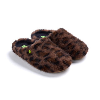 A single brown and black leopard-print fuzzy slipper with a small lime green accent tag, shown in profile against a plain white background.
