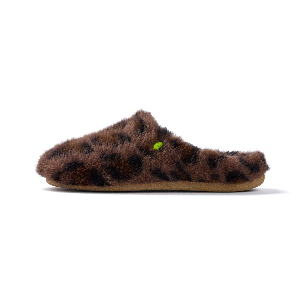 A single brown and black leopard-print fuzzy slipper with a small lime green accent tag, shown in profile against a plain white background.