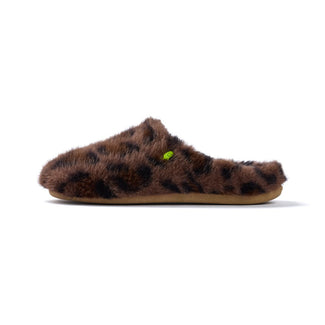 A single brown and black leopard-print fuzzy slipper with a small lime green accent tag, shown in profile against a plain white background.