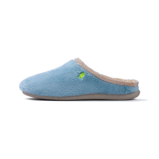 A single light blue plush slipper with a beige faux-fur lining and a small green embroidered logo on the side, shown against a plain white background.