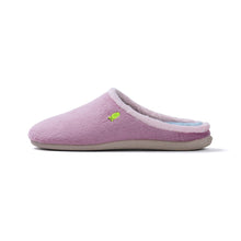 Load image into Gallery viewer, A single light purple fleece slipper shown in profile against a white background, featuring a small green embroidered logo on the side.
