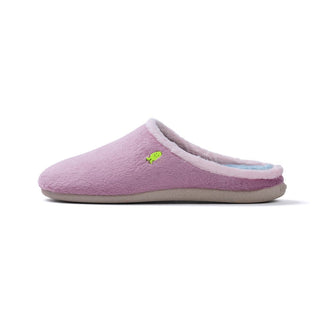 A single light purple fleece slipper shown in profile against a white background, featuring a small green embroidered logo on the side.