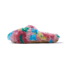 Load image into Gallery viewer, A single fuzzy slip-on mule sandal in a pastel tie-dye pattern of pink, blue, green, and yellow, shown from a side profile on a white background.
