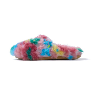 A single fuzzy slip-on mule sandal in a pastel tie-dye pattern of pink, blue, green, and yellow, shown from a side profile on a white background.