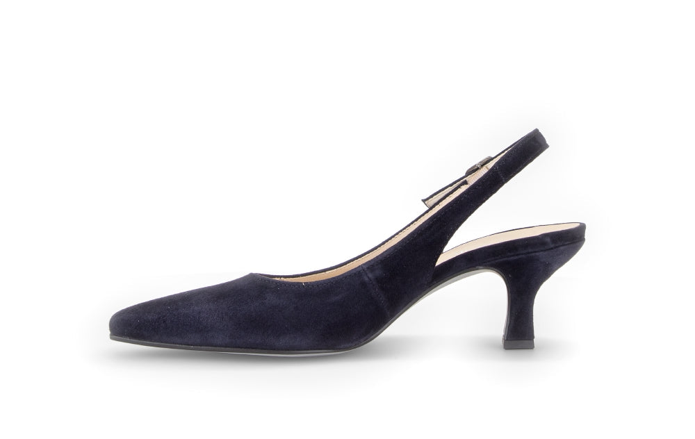 Navy blue suede shoe on a white background
