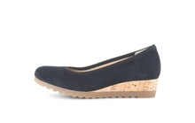 Load image into Gallery viewer, Navy blue shoe with cork sole on a white background
