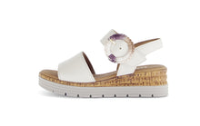 Load image into Gallery viewer, White sandal with a decorative strap and cork sole on a white background
