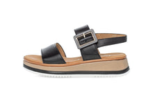 Load image into Gallery viewer, Black sandal with a wooden sole on a white background
