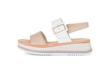 Load image into Gallery viewer, Beige and white sandal with a platform sole on a white background
