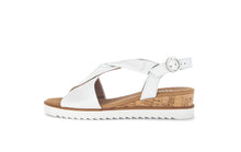 Load image into Gallery viewer, White sandal with a wooden sole on a white background
