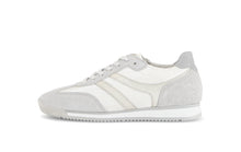 Load image into Gallery viewer, White sneaker with gray accents on a white background
