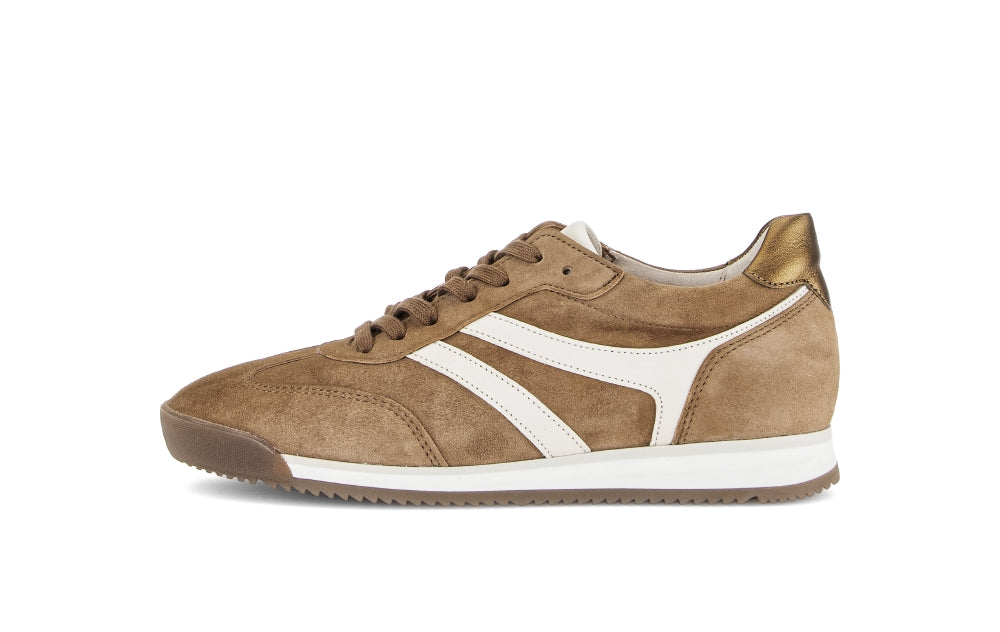 Brown sneaker with a white stripe on a white background