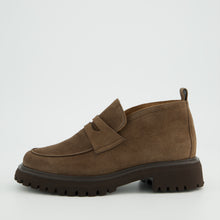 Load image into Gallery viewer, Brown suede loafer shoe on a light gray background

