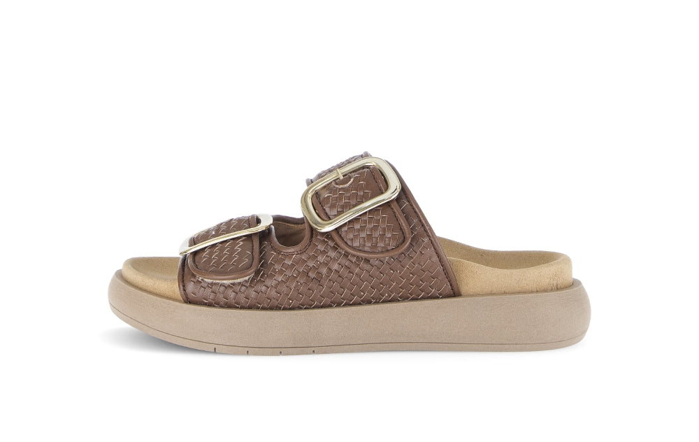Brown sandal with a gold buckle on a white background